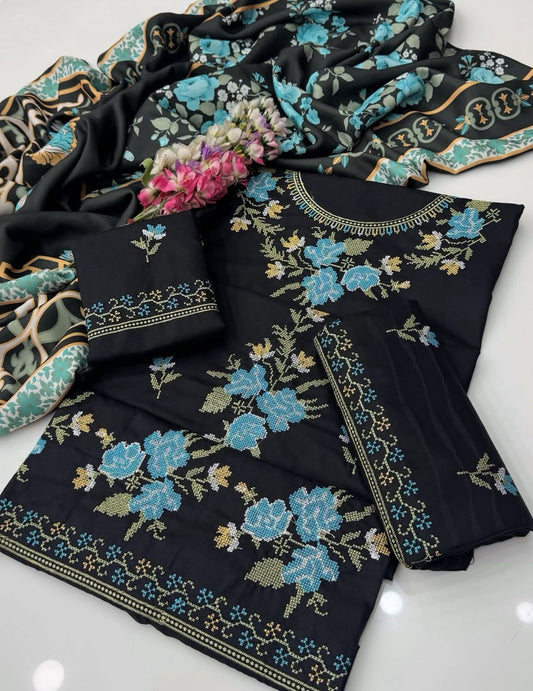 Handmade Style Cross Stitch Tanka Embroidery 3pc Dress Black