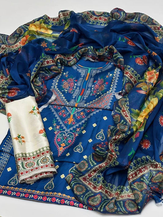 Shamoze Silk Digital Print 3PC Dress Blue