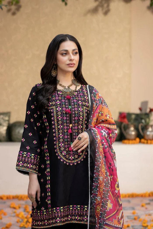 Beautiful Boutique Style Heavy Embroidered Soft Dhanak 3pc Dress Black