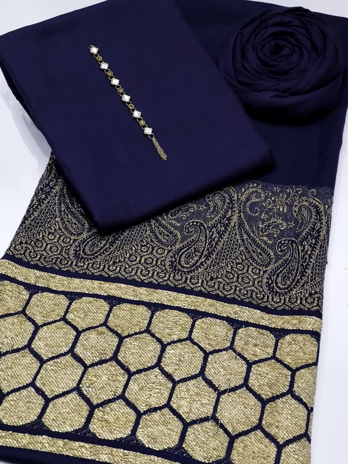 PURE PASHMINA WOOL SHAWLS 3PC DRESS Navy