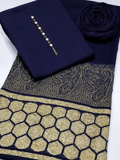PURE PASHMINA WOOL SHAWLS 3PC DRESS Navy