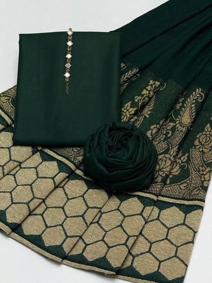 PURE PASHMINA WOOL SHAWLS 3PC DRESS dark green