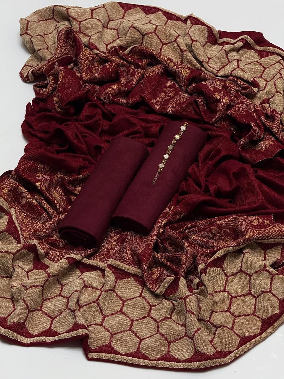 PURE PASHMINA WOOL SHAWLS 3PC DRESS Red