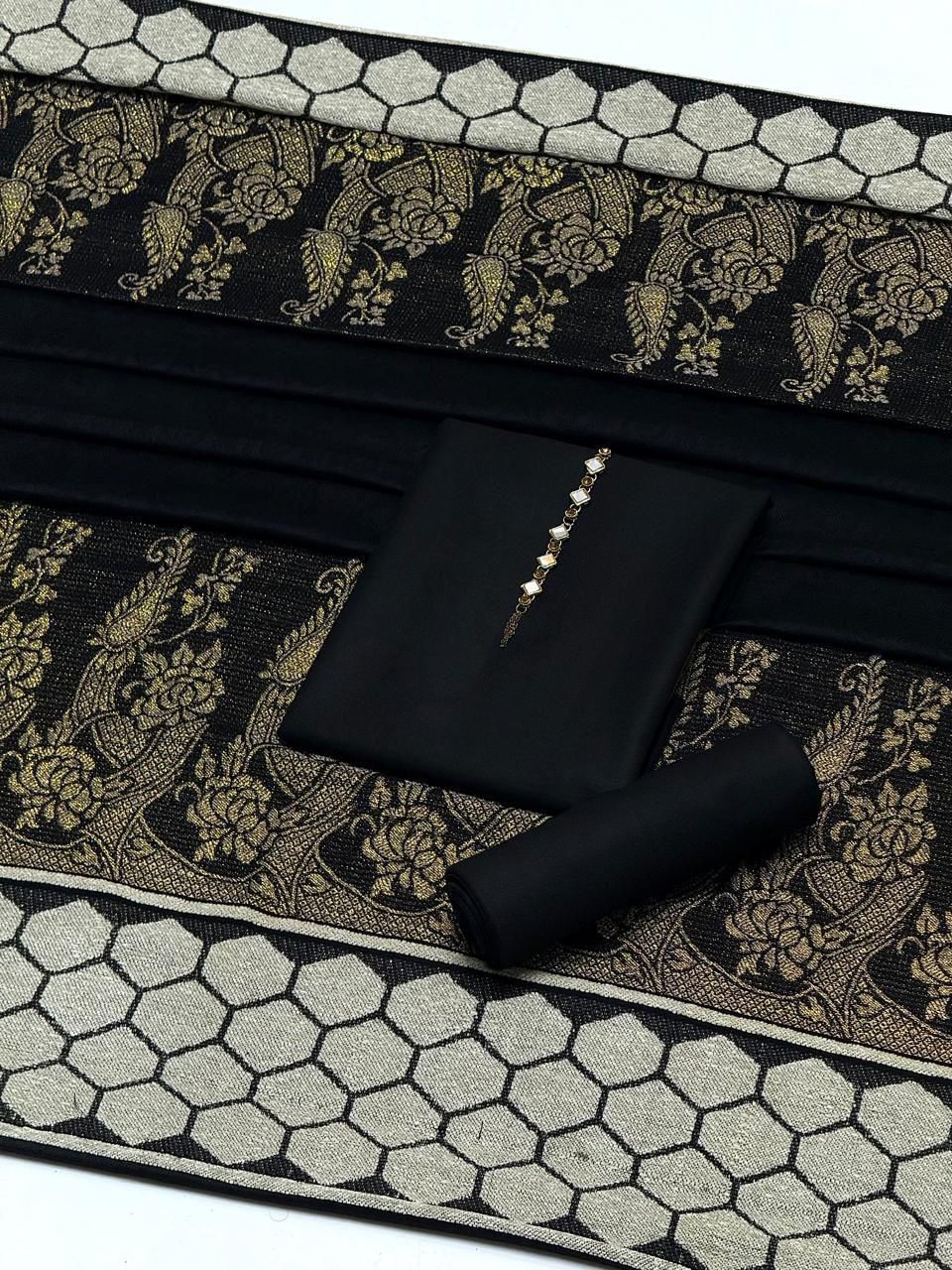 PURE PASHMINA WOOL SHAWLS 3PC DRESS Black