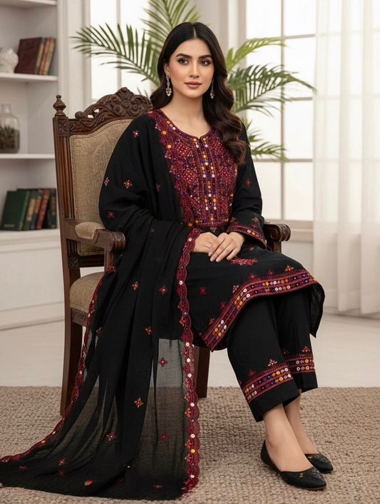 Gtm Lawn Computer Balochi Galla Daman 3PC Dress