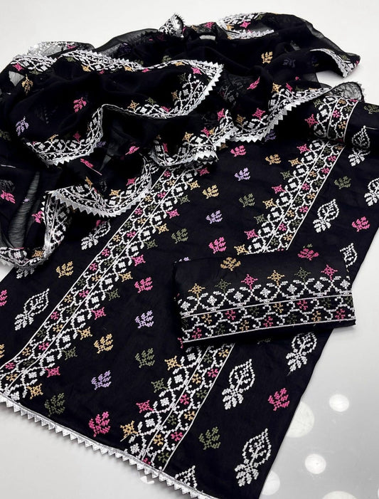 Lawn Cotton Embroidered With Sequence 3PC Dress