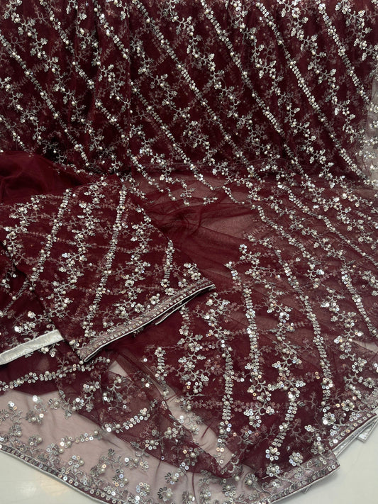 Soft Net sequence work With Machine Embroided saree