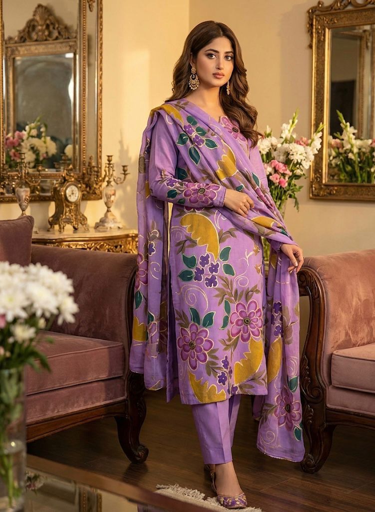 Gul Ahmed Premium Lawn Handmade Oil Paint 3PC Dress