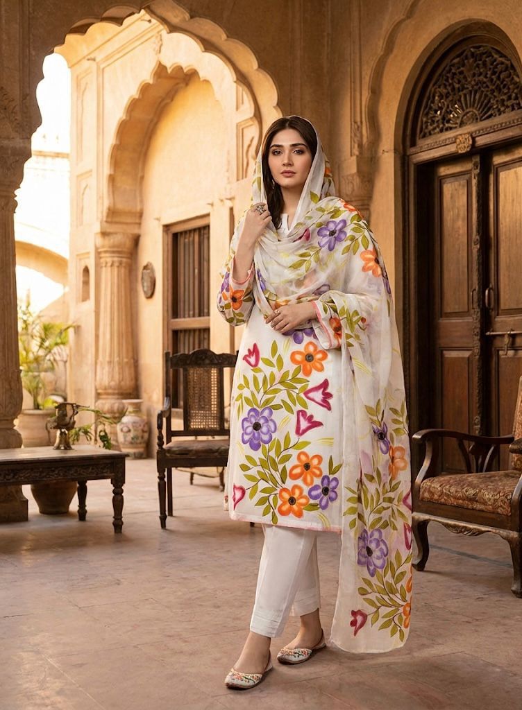 Gul Ahmed Premium Lawn Handmade Oil Paint 3PC Dress