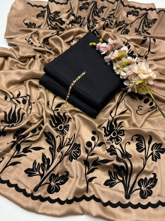 Wool velvet work shawl 3pc Dress Black