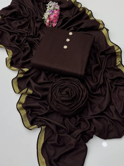 Beautiful Excelent Quality Soft Pashmina Wool 3pc Dress Brown